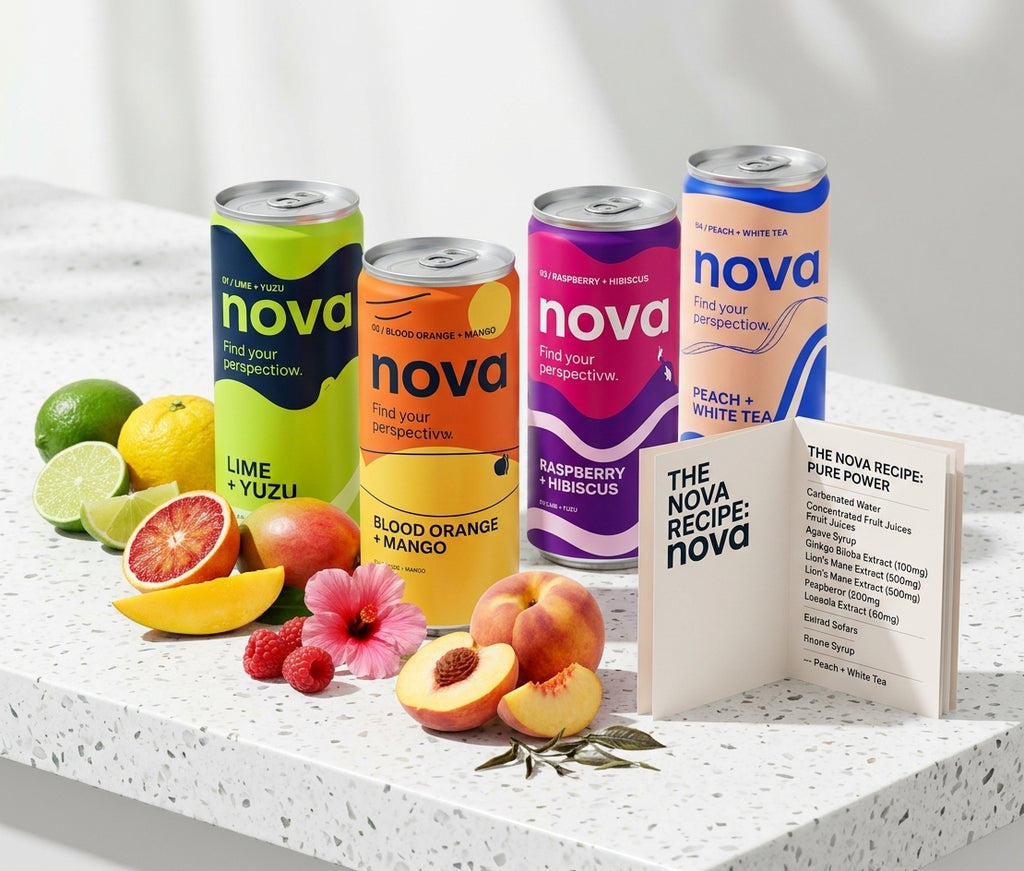 Nova Clean Energy Drink – all four flavours: Lime + Yuzu, Blood Orange + Mango, Raspberry + Hibiscus, Peach + White Tea
